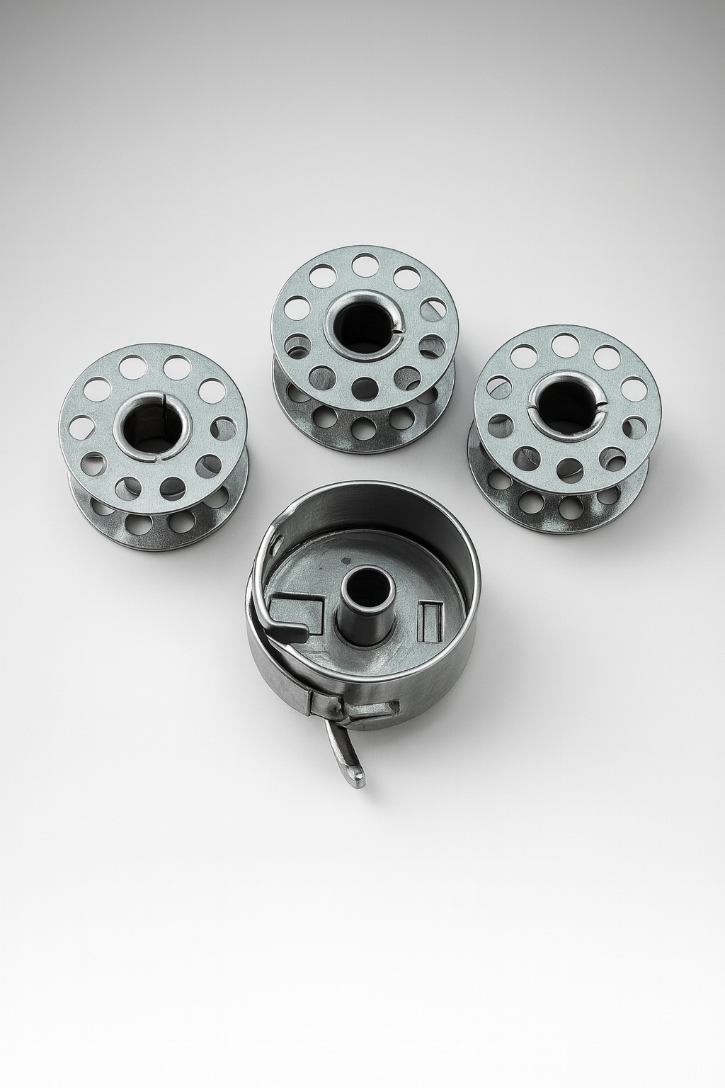 Set of 4 Metal Sewing Machine Bobbins with Bobbin Case