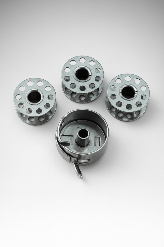 Set of 4 Metal Sewing Machine Bobbins with Bobbin Case